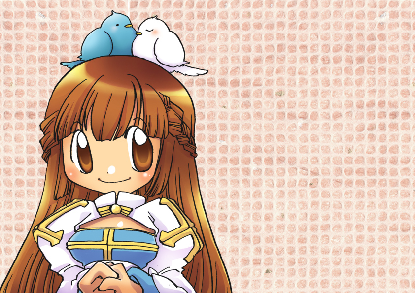 1girl, 2000s_(style), animal_on_head, arch_bishop_(ragnarok_online), bird, bird_on_head, blue_bird, blush