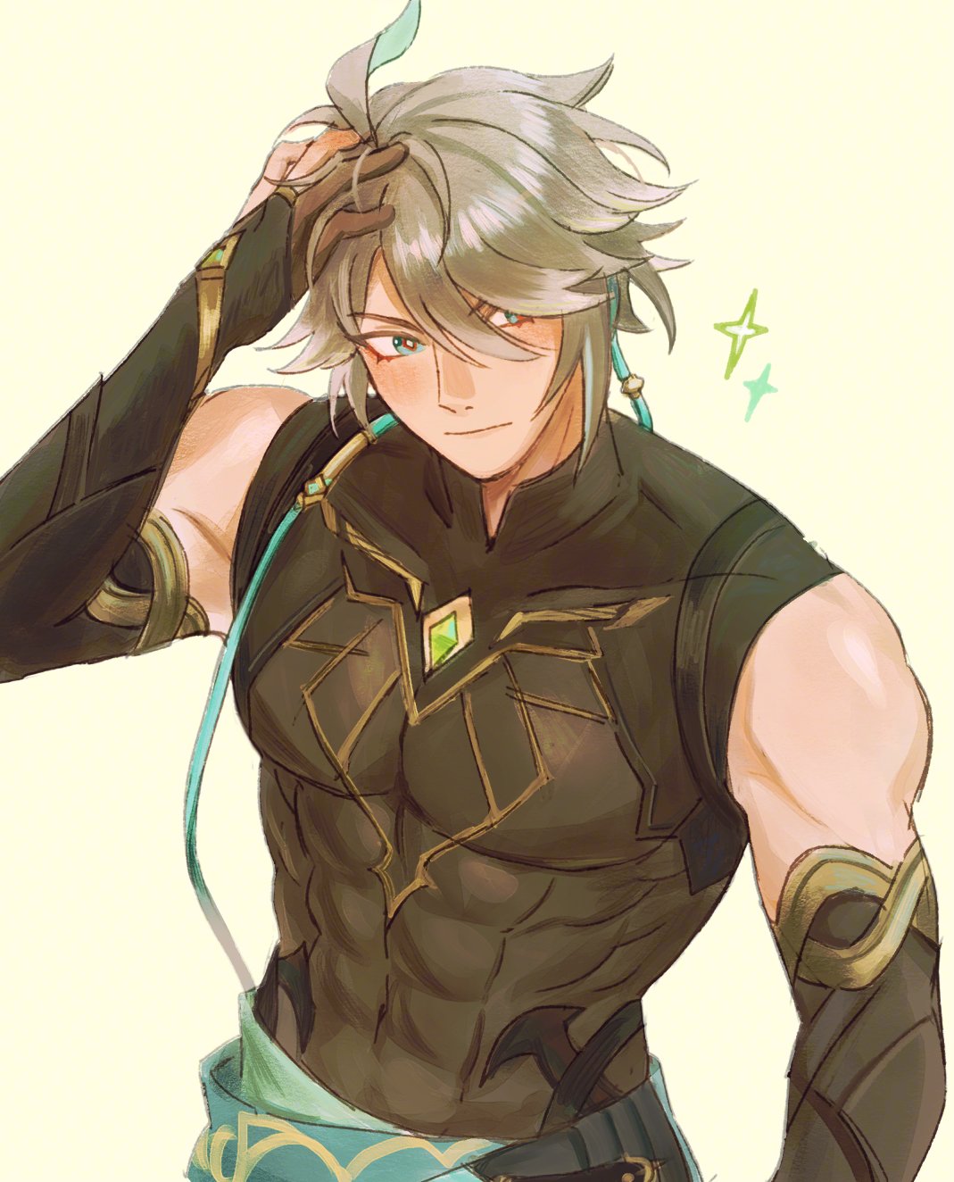 1boy, abs, alhaitham_(genshin_impact), antenna_hair, black_gloves, black_shirt, blush, cable