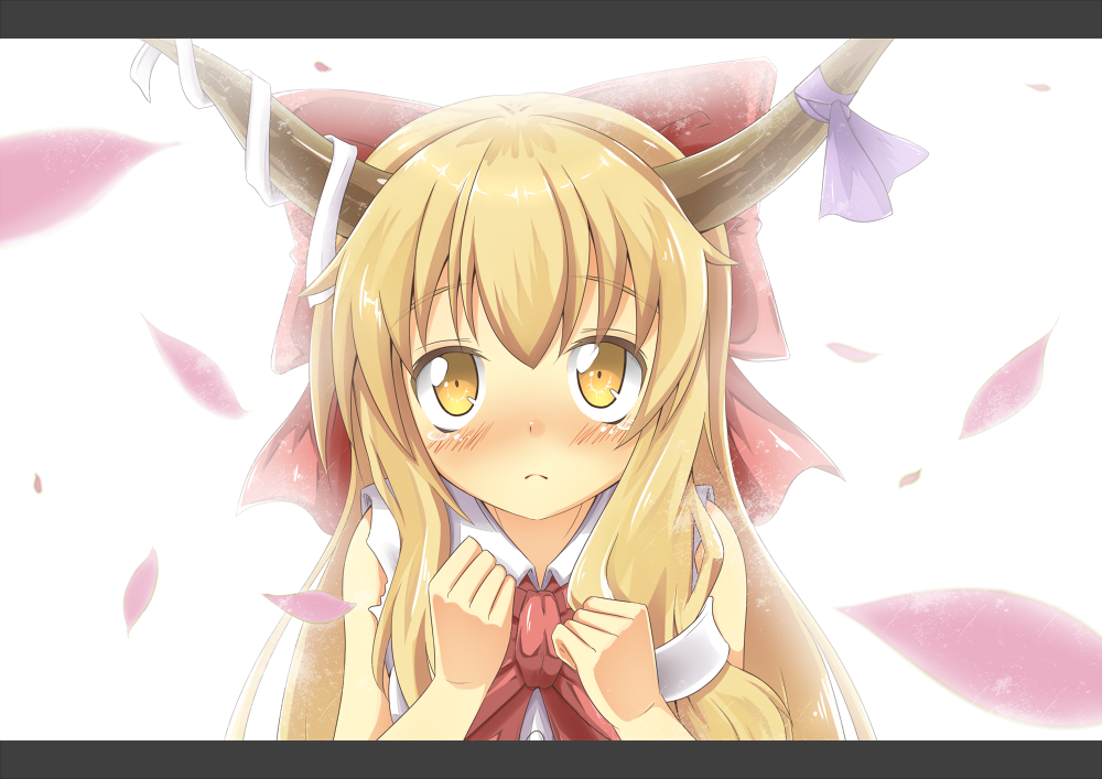 blonde_hair, blush, bow, bust, hair_bow, horns, ibuki_suika, letterboxed