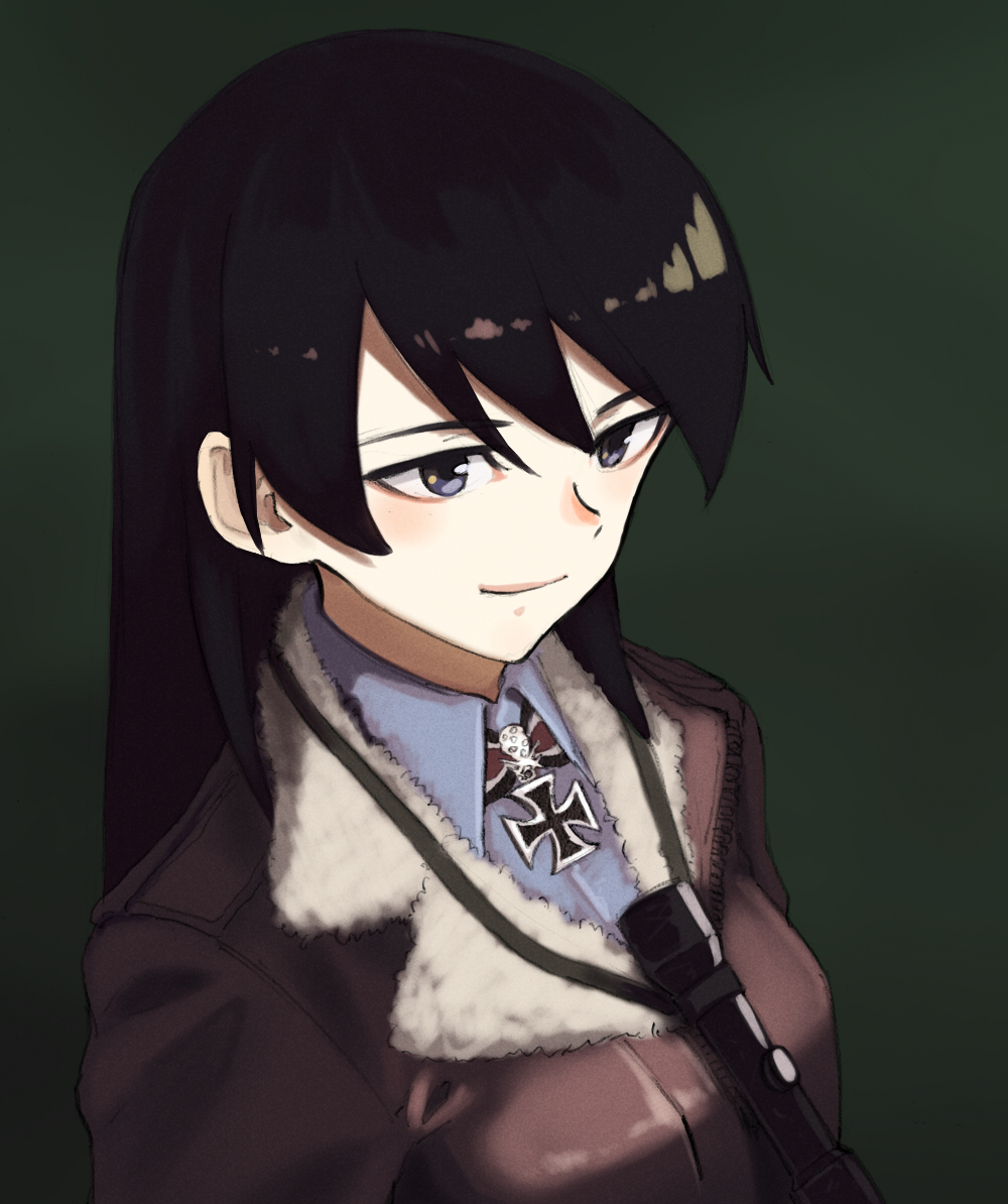 1girl, adolfine_galland, black_hair, blue_eyes, blue_shirt, breasts, brown_jacket, collared_shirt