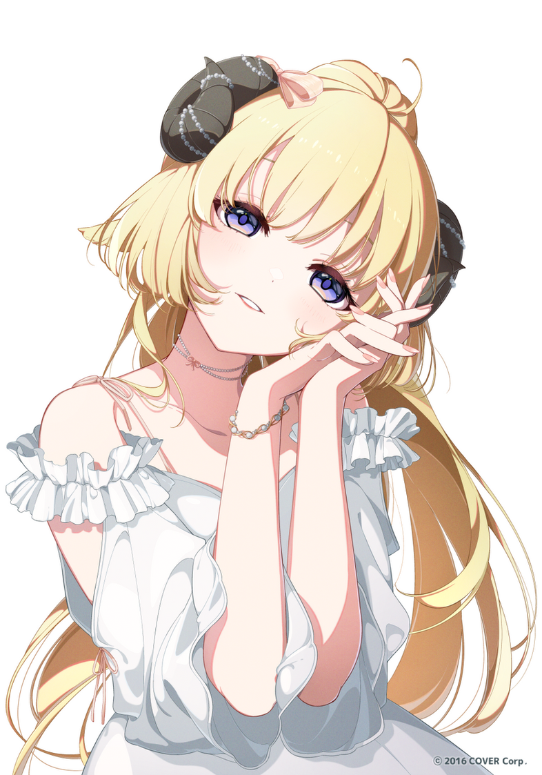 1girl, alternate_costume, animal_ears, bead_choker, beads, blonde_hair, bow, bracelet, copyright_notice, dress, frilled_dress, frills, hair_bow, hands_up, hatsuka-20, head_tilt, high_ponytail, hololive, horns, interlocked_fingers, jewelry, long_hair, long_sleeves, looking_at_viewer, off-shoulder_dress, off_shoulder, official_art, own_hands_together, parted_lips, ponytail, sheep_ears, sheep_girl, sheep_horns, simple_background, solo, straight-on, three-quarter_sleeves, tsunomaki_watame, upper_body, very_long_hair, violet_eyes, virtual_youtuber, white_background, white_dress, wide_ponytail