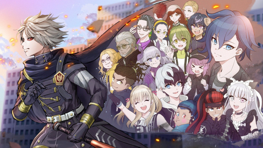 >_<, 6+boys, 6+girls, :d, ^_^, akiba_hinagiku, akiba_ichinosuke, akiba_saizo, aoyama_kazuki, baseball_bat, belt, black_cape, black_gloves, black_hair, blonde_hair, blue_eyes, blue_hair, brown_hair, cape, closed_eyes, colored_sclera, floating_cape, frown, gloves, gotanda_yutaka, green_eyes, green_hair, grey_eyes, grey_hair, hair_between_eyes, heterochromia, highres, holding, holding_baseball_bat, iroha_tsuki, jujo_miu, kawasio_2411, kohinata_koishi, kuronaka_yo, long_hair, male_focus, mita_santarou, multicolored_hair, multiple_boys, multiple_girls, official_alternate_costume, ooi_minami, pink_eyes, ponytail, projected_inset, q_(tribe_nine), red_eyes, red_hair, red_sclera, saigo_roku, semba_tsuruko, senju_hyakuichitarou, short_hair, smile, streaked_hair, takinogawa_jio, todoroki_eiji_(tribe_nine), tribe_nine, twintails, two-tone_hair, two_side_up, violet_eyes, white_belt, white_hair, yakumo_sui, yellow_eyes, yukigaya_enoki