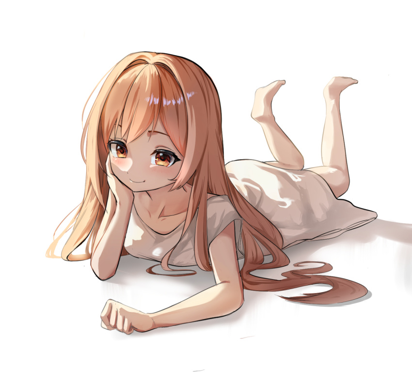 1girl, barefoot, brown_eyes, brown_hair, closed_mouth, collarbone, commentary, dress, feet_up, full_body, goddess_of_victory:_nikke, head_rest, highres, hospital_gown, kopepan_(kopepann11), long_hair, looking_at_viewer, lying, on_stomach, rapi_(nikke), rapi_(young)_(nikke), simple_background, sleeveless, sleeveless_dress, smile, solo, the_pose, white_background, white_dress