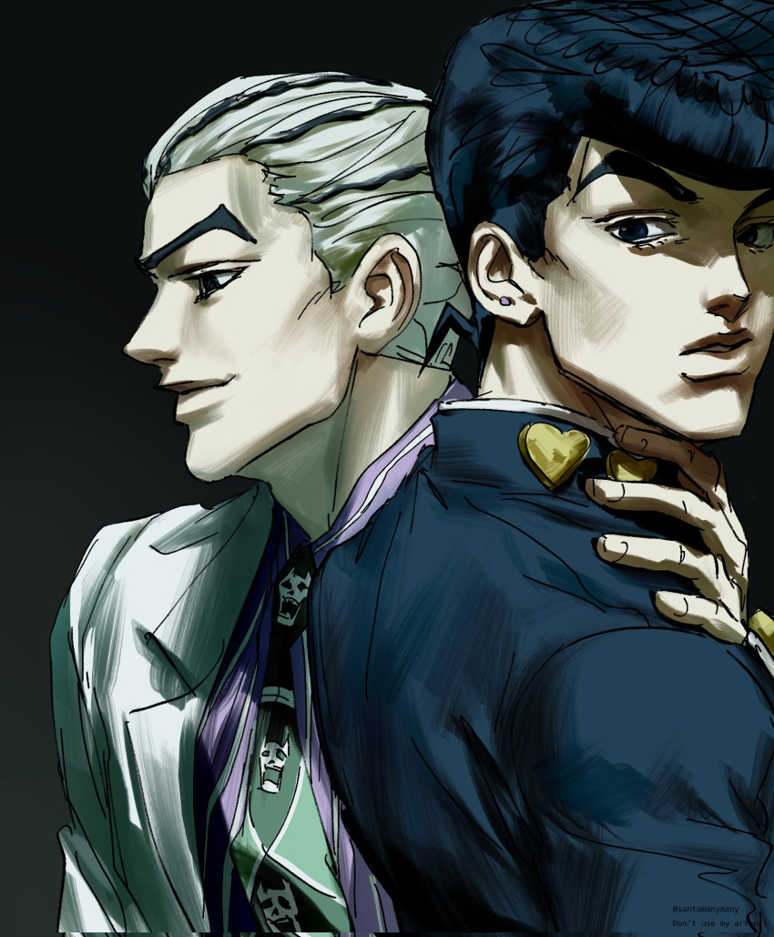2boys, black_eyes, black_hair, blue_eyes, blue_hair, diamond_wa_kudakenai, earrings, formal_clothes