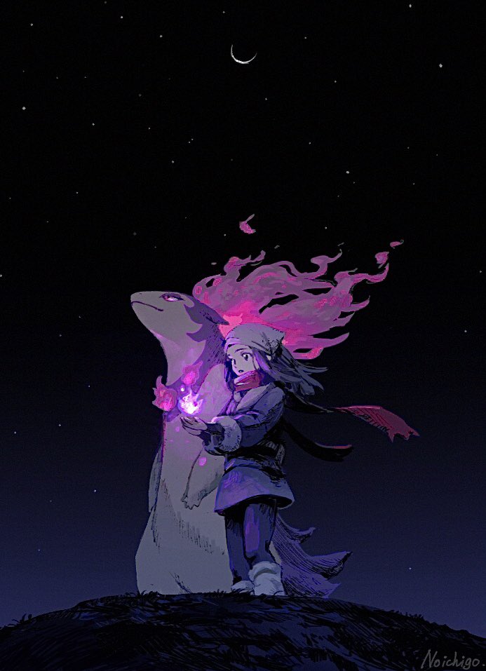 1girl, akari_(pokemon), black_hair, closed_mouth, crescent_moon, fire, galaxy_expedition_team_survey_corps_uniform, headscarf
