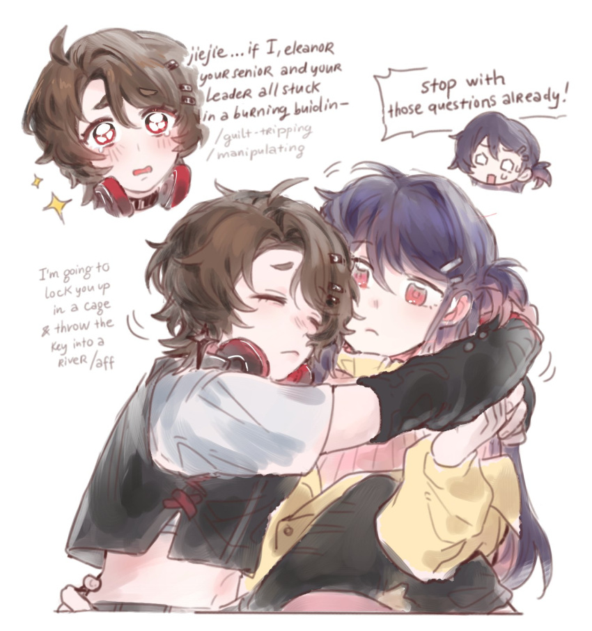 2girls, arms_around_neck, black_vest, brown_hair, closed_eyes, closed_mouth, commentary, detached_sleeves
