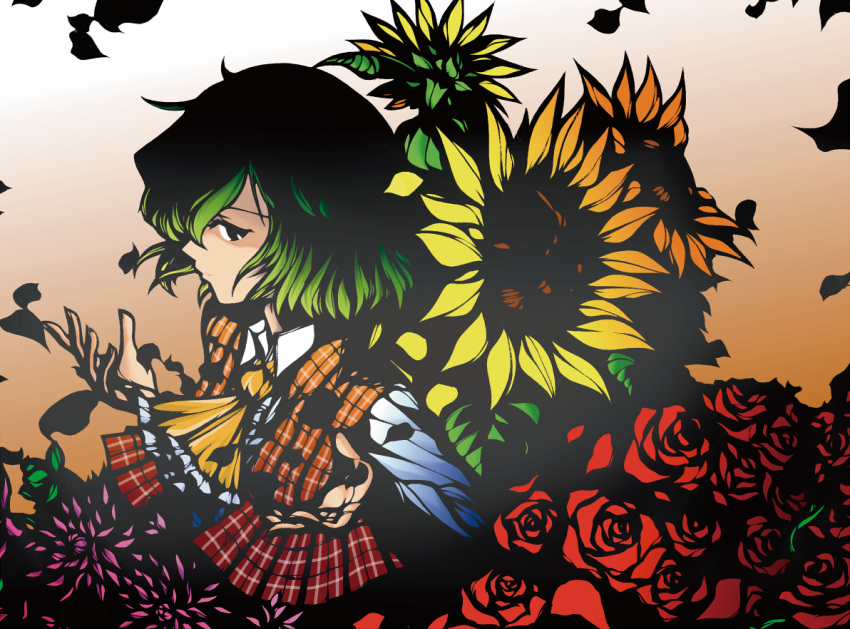 ascot, bust, flower, green_hair, kazami_yuuka, neckerchief, petals, plaid, plaid_vest, red_rose, rose, short_hair, solo, sunflower, tartan, touhou, wenu_(kiries), yamaguchi_wemu, youkai