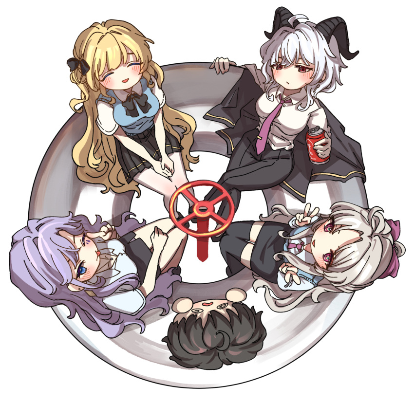 1boy, 4girls, :p, @_@, alternate_costume, black_bow, black_bowtie, black_hair, black_horns, black_pants, black_skirt, black_thighhighs, blonde_hair, blue_eyes, blue_sweater, bow, bowtie, breasts, can, cantarella_(wuthering_waves), carlotta_(wuthering_waves), closed_eyes, collared_shirt, commentary, crossed_legs, curled_horns, double_v, drink_can, earrings, facial_mark, from_above, grey_hair, hair_bow, highres, holding, holding_can, horns, jewelry, jiji_(gjwr2448), large_breasts, long_hair, male_rover_(wuthering_waves), mark_under_eye, multiple_girls, necktie, one_eye_closed, pants, pantyhose, phoebe_(wuthering_waves), pink_bow, pink_eyes, purple_hair, purple_necktie, rover_(wuthering_waves), shirt, sitting, skirt, smile, sweater, thigh-highs, thighs, tongue, tongue_out, v, white_pantyhose, white_shirt, wuthering_waves, zani_(wuthering_waves)