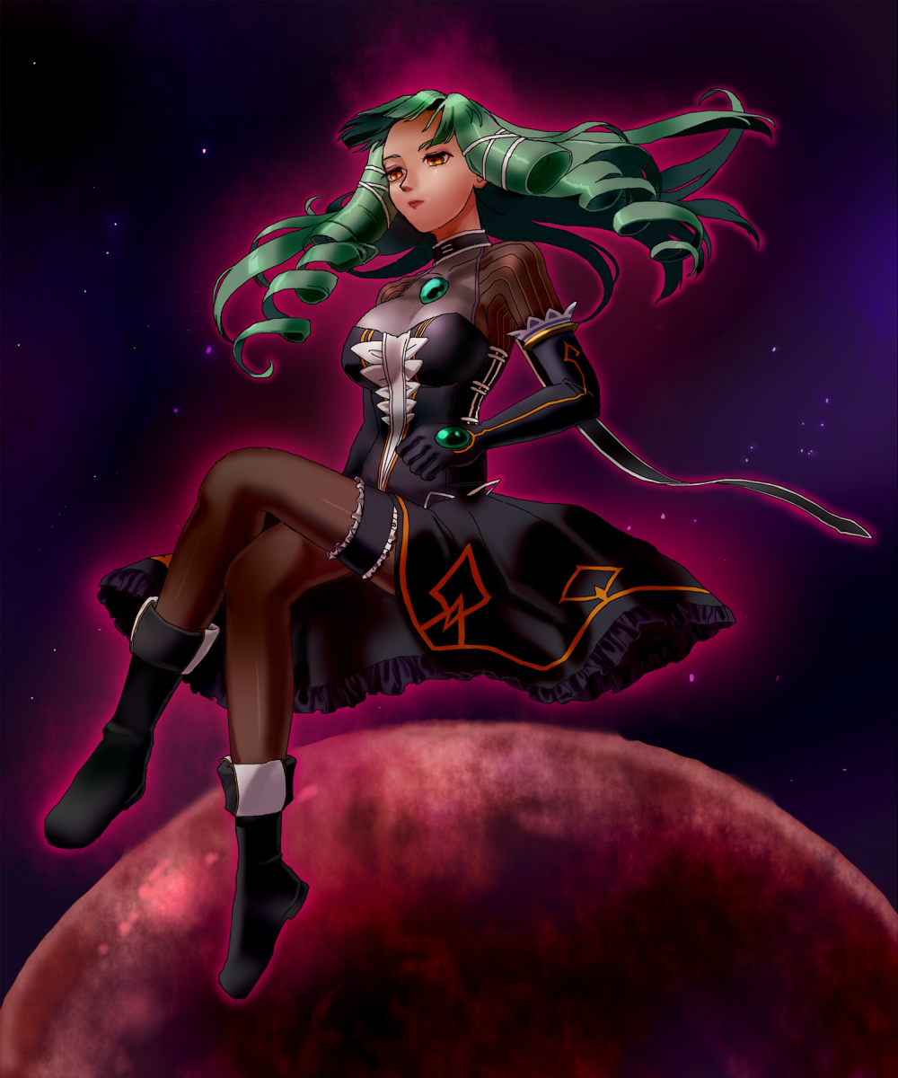 1girl, black_boots, black_gloves, boots, brown_leggings, brown_leotard, crossed_legs, drill_hair