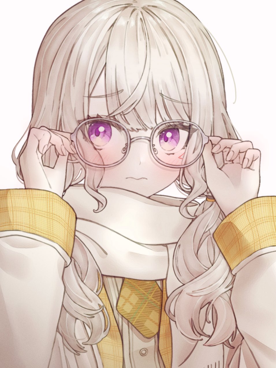 1girl, adjusting_eyewear, blonde_hair, blush, braid, closed_mouth, frown, glasses