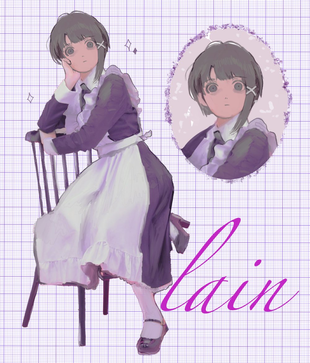 1girl, alternate_costume, apron, brown_eyes, brown_hair, chair, dress, enmaided