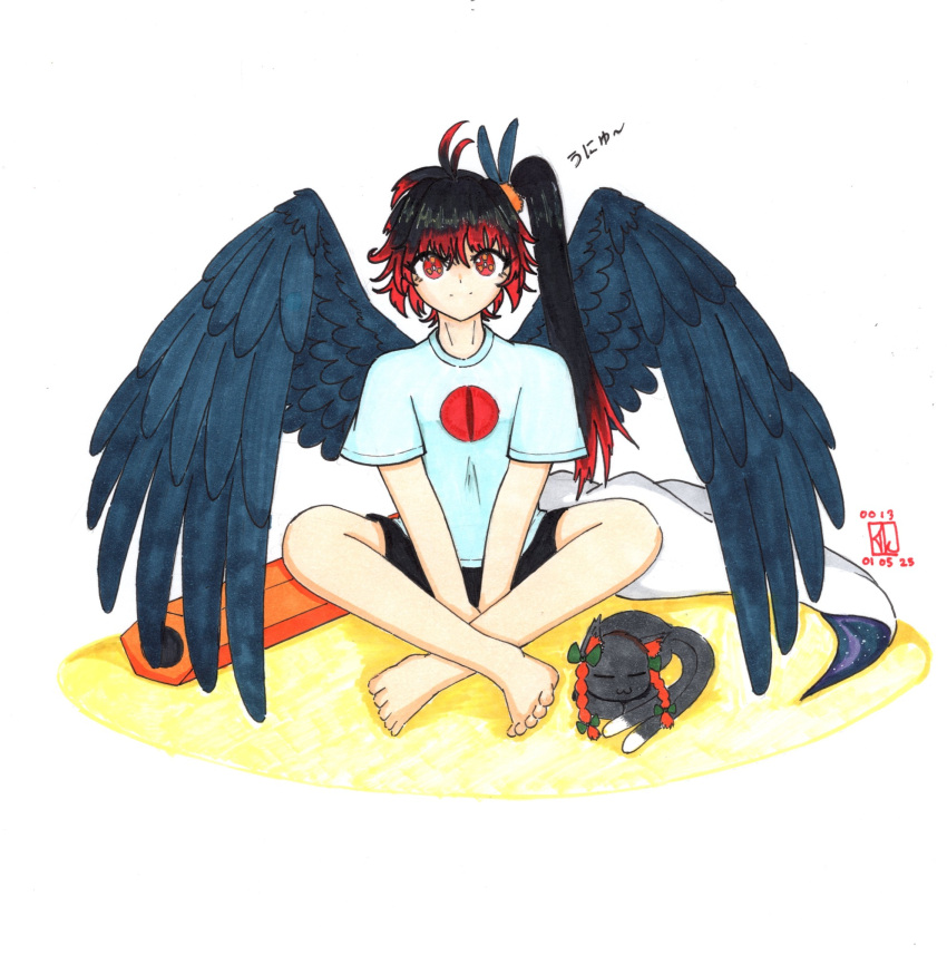 1girl, adapted_costume, alternate_hairstyle, arm_cannon, barefoot, bird_wings, black_hair, black_wings