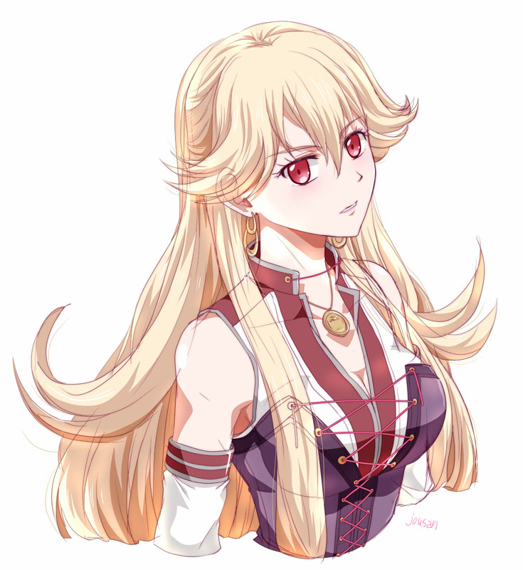 artist_name, blonde_hair, breasts, detached_sleeves, double-parted_bangs, eiyuu_densetsu, hair_between_eyes, jewelry