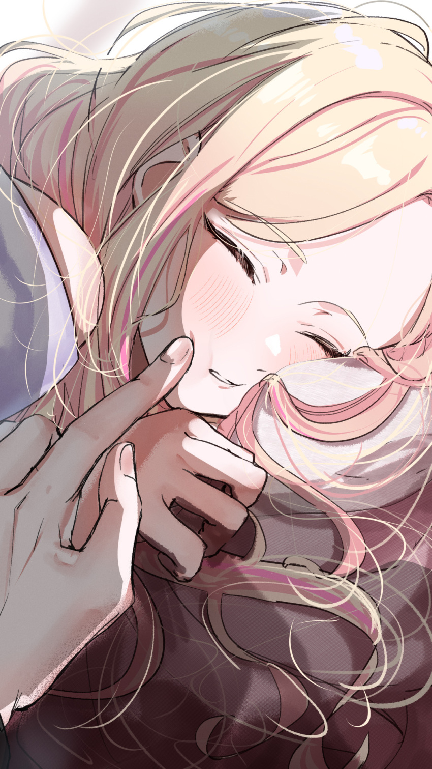 1boy, 1girl, blonde_hair, blush, cheek_poking, commentary_request, fingernails, forehead