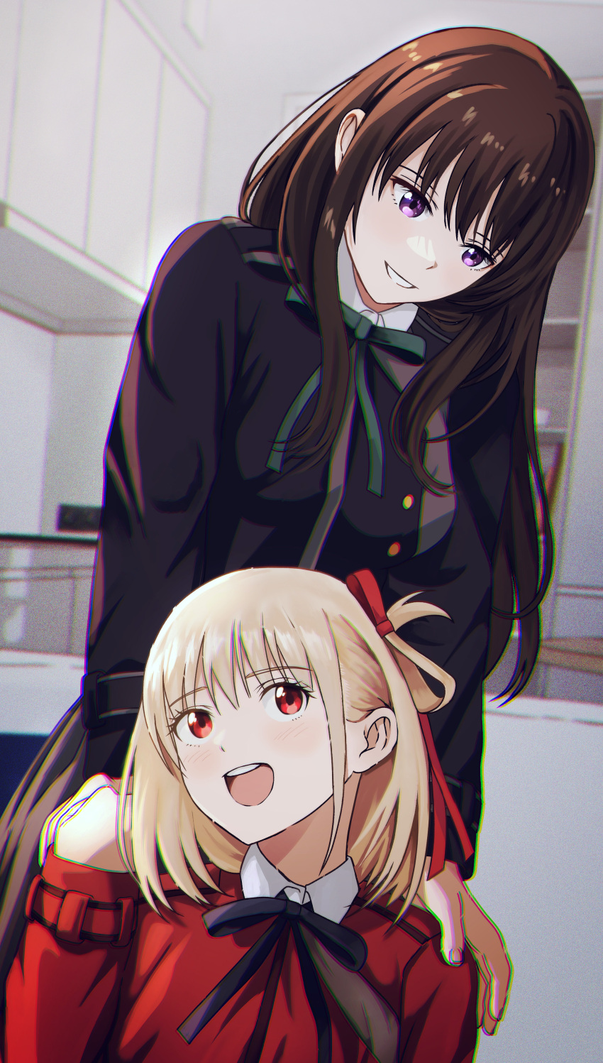 2girls, absurdres, blue_eyes, bow, chromatic_aberration, commentary, highres, inoue_takina