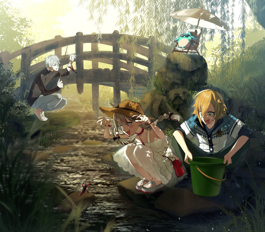 1girl, 2boys, absurdres, bag, barefoot, black_sweater, blonde_hair, braid