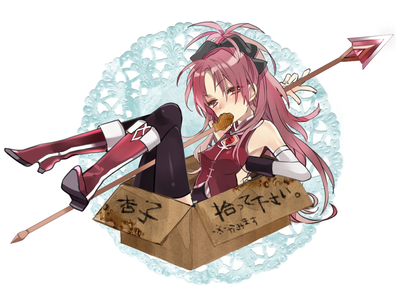 bare_shoulders, black_legwear, black_thighhighs, boots, box, cardboard_box, crossed_legs, detached_sleeves