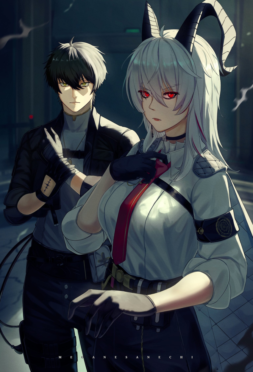 1boy, 1girl, adjusting_clothes, adjusting_necktie, armband, artist_name, black_armband, black_choker