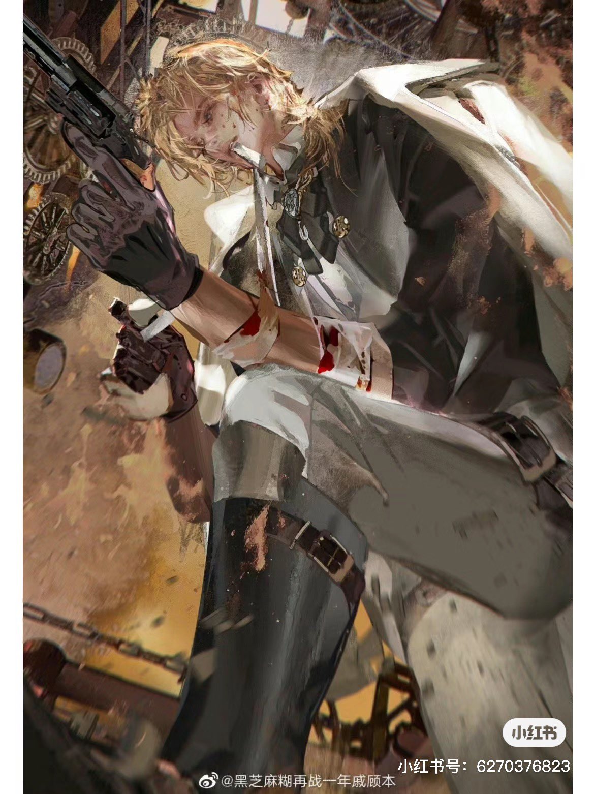 1boy, applying_bandages, aqua_eyes, bandage_in_mouth, bandaged_arm, bandages, belt, black_boots