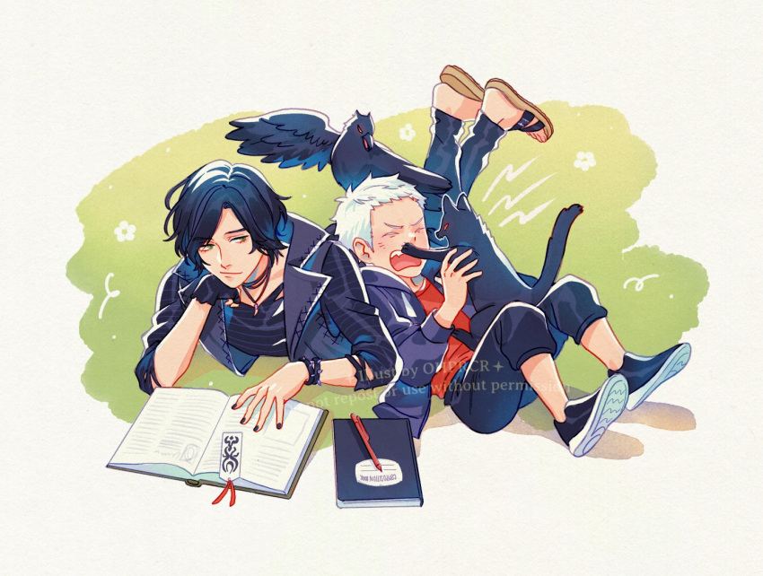 2boys, ^_^, aged_down, animal, bird, black_bird, black_cat, black_gloves