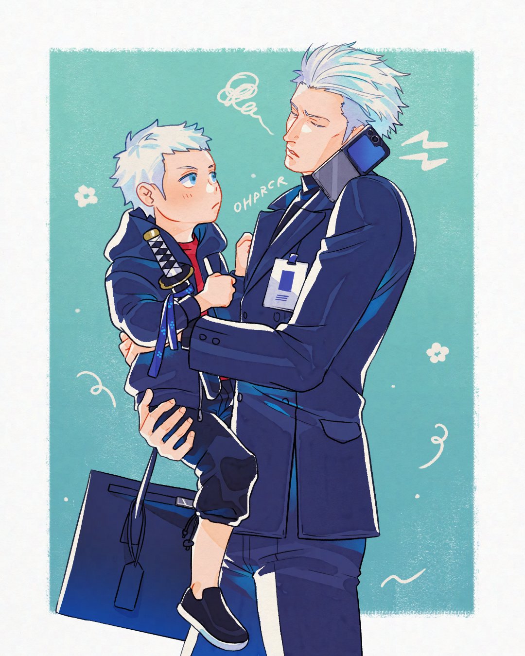 2boys, aged_down, aqua_background, artist_name, blue_eyes, blue_jacket, blue_suit, border