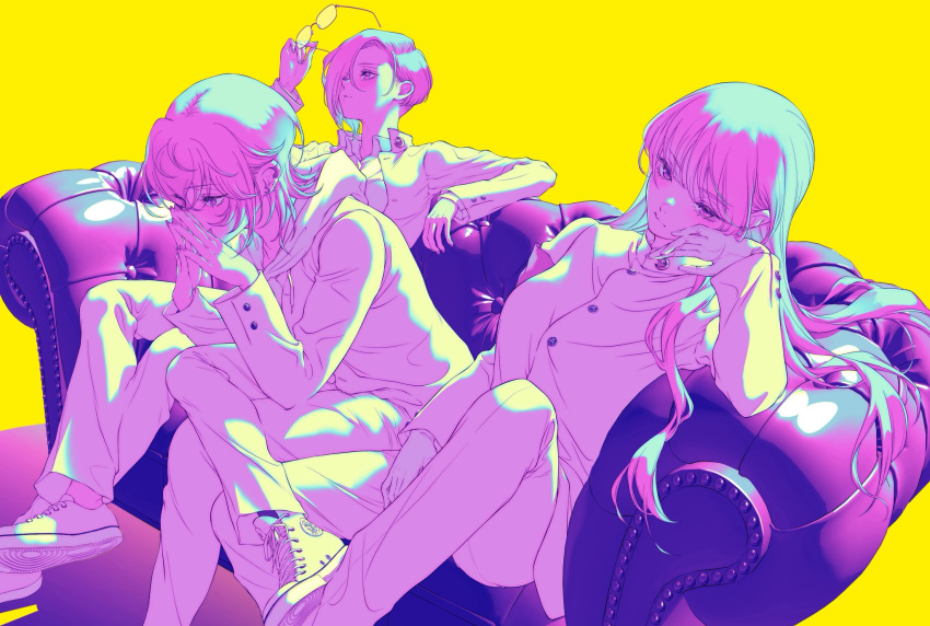 3girls, asahina_yuni, closed_mouth, commentary_request, couch, dress_shirt, earclip, highres