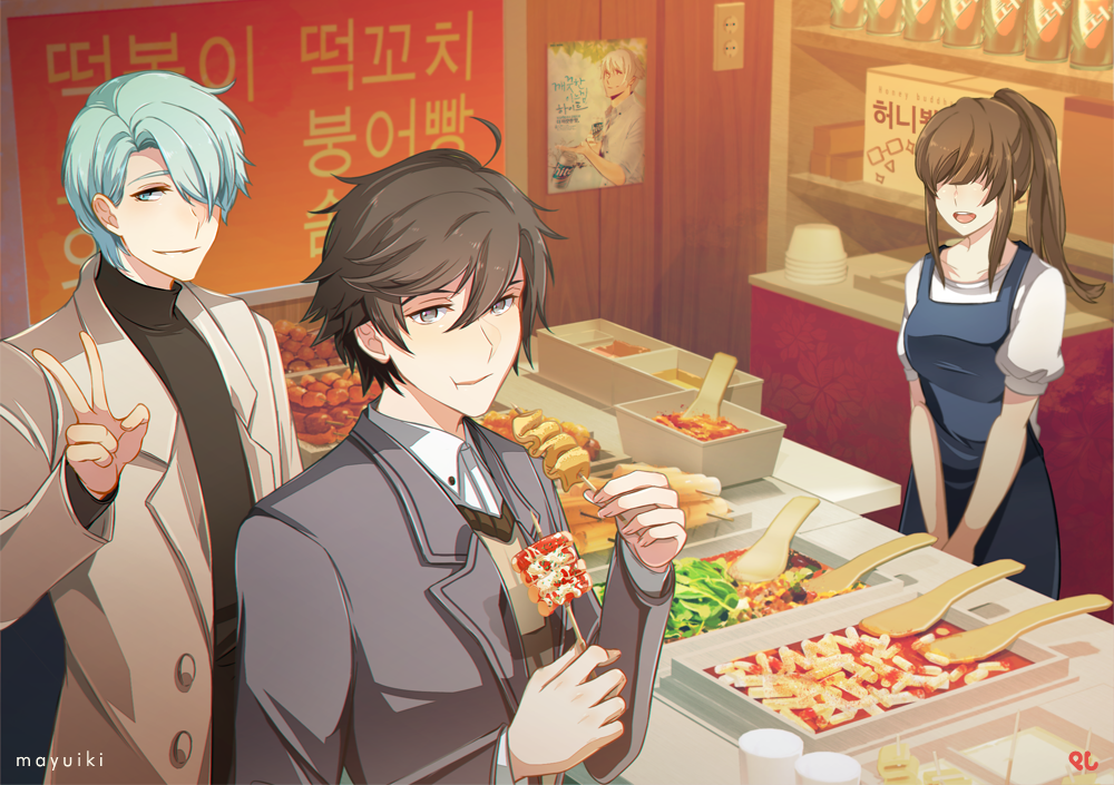 1girl, 2boys, apron, black_apron, black_shirt, box, brown_hair, chewing