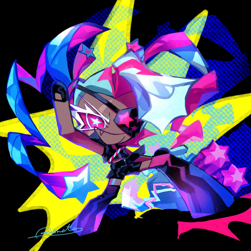 1girl, :d, artist_name, bad_id, bad_pixiv_id, bare_shoulders, belt, black_background