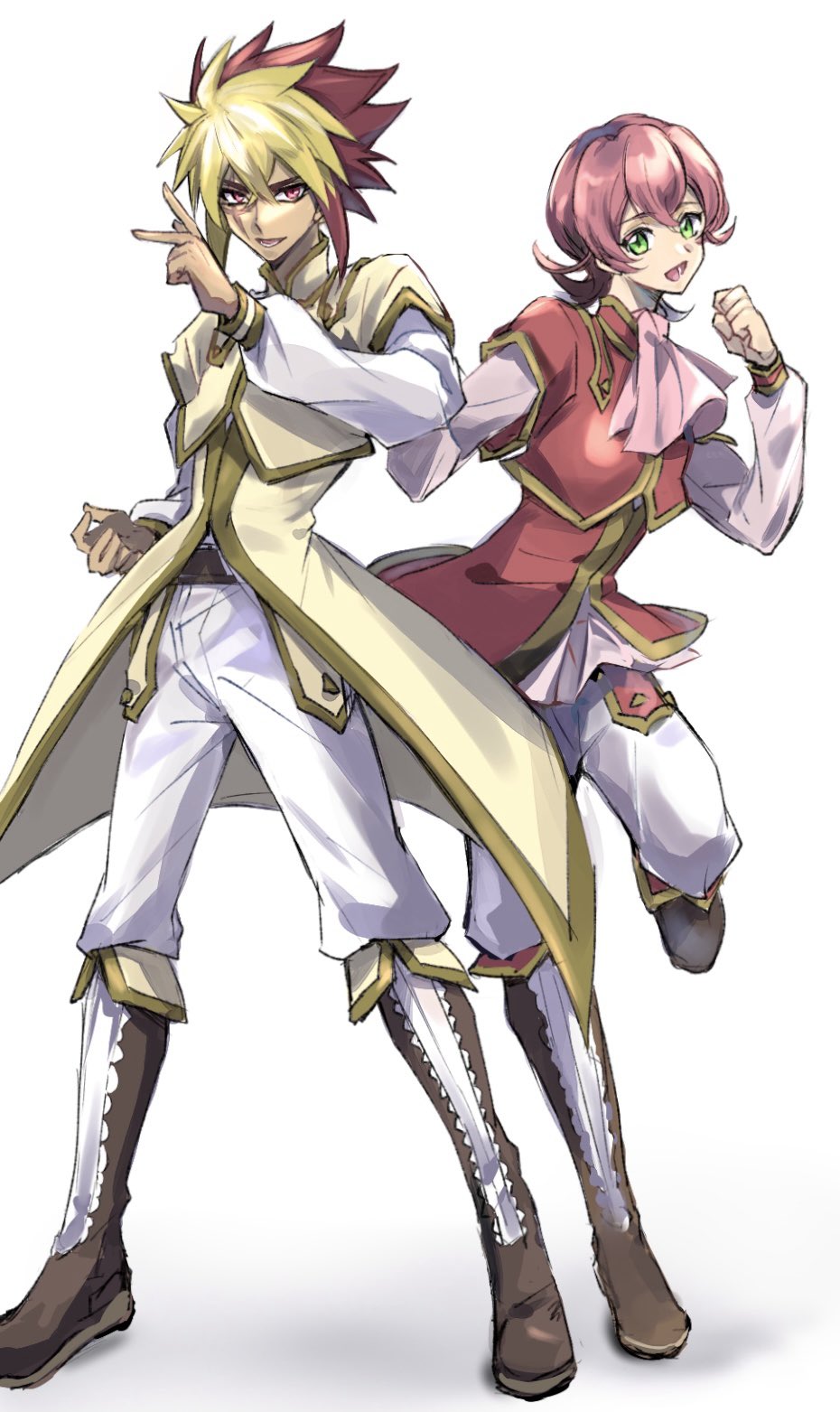 2boys, blonde_hair, brothers, brown_hair, coat, full_body, green_eyes, highres