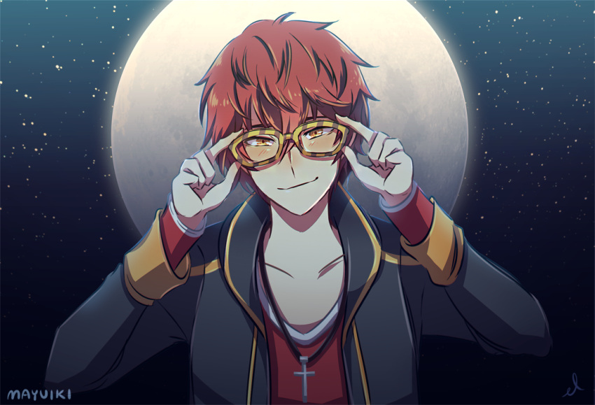 1boy, 707_(susanghan_messenger), adjusting_eyewear, blush, closed_mouth, collarbone, cross, cross_necklace