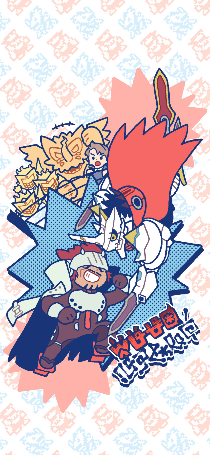 absurdres, arm_blade, black_bodysuit, bodysuit, cape, character_request, cheering, chibi, covered_eyes, digimon, digimon_(creature), digimon_knuckles, full_body, gankoomon, highres, hinukamuy, holding, holding_microphone, jesmon, male_focus, microphone, official_art, red_cape, red_hair, second-party_source, strbsodas, weapon