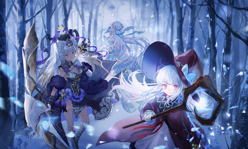 3girls, arrow_(projectile), black_dress, black_hat, blue_dress, blue_eyes, bow_(weapon), character_request, coat, dress, hat, highres, hitokoto, holding, holding_arrow, holding_bow_(weapon), holding_staff, holding_weapon, long_hair, long_sleeves, looking_at_viewer, multiple_girls, red_coat, red_eyes, red_hat, revived_witch, snow, snowing, staff, tree, weapon, white_hair, witch, witch_(revived_witch), witch_hat