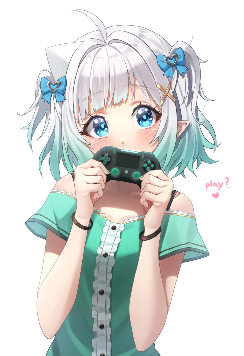 1girl, absurdres, ahoge, blue_bow, blue_eyes, blush, bow, clothing_cutout, collarbone, controller, english_text, game_controller, ghostenjoyerguy7007, green_hair, green_shirt, hair_bow, hair_intakes, hashtag-only_commentary, highres, holding, holding_controller, holding_game_controller, indie_virtual_youtuber, looking_at_viewer, medium_hair, mint_fantome, multicolored_hair, shirt, short_sleeves, shoulder_cutout, simple_background, solo, virtual_youtuber, white_background, white_hair