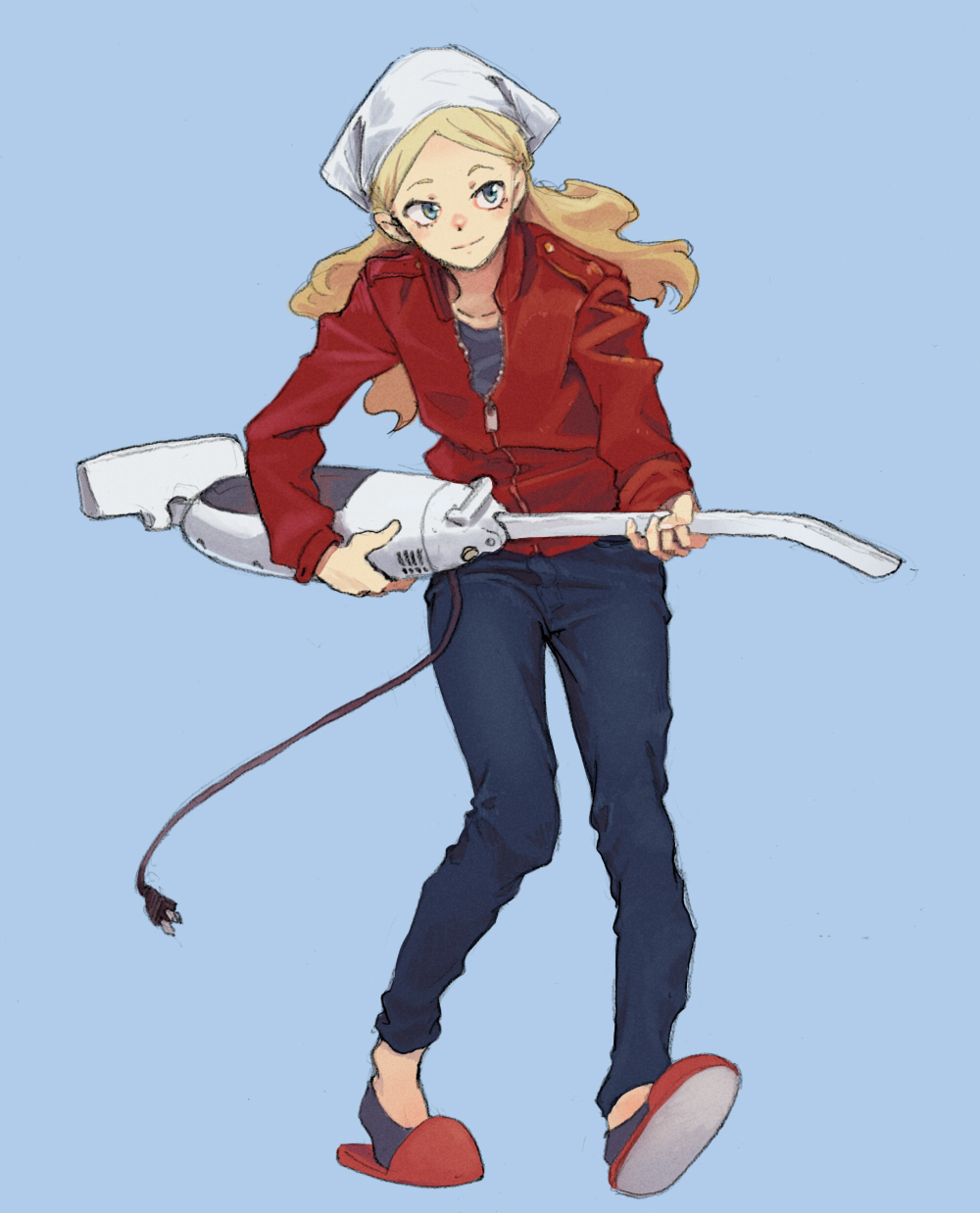 1girl, bandana, black_shirt, black_socks, blue_background, blue_eyes, closed_mouth, commentary_request
