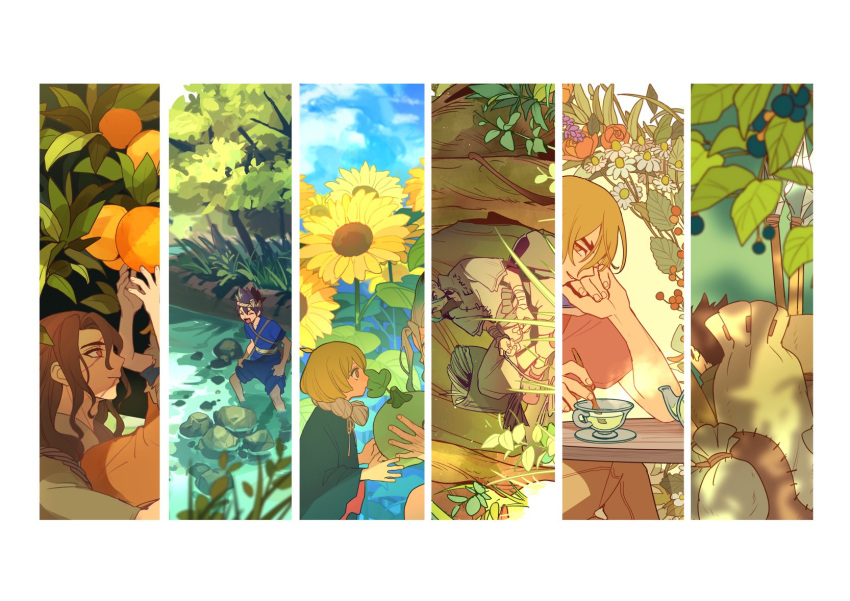 1girl, 5boys, arm_rest, blonde_hair, border, chrome_(dr._stone), closed_eyes, cup