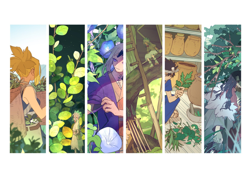1girl, 3boys, adjusting_clothes, asagiri_gen, basket, blonde_hair, border, branch