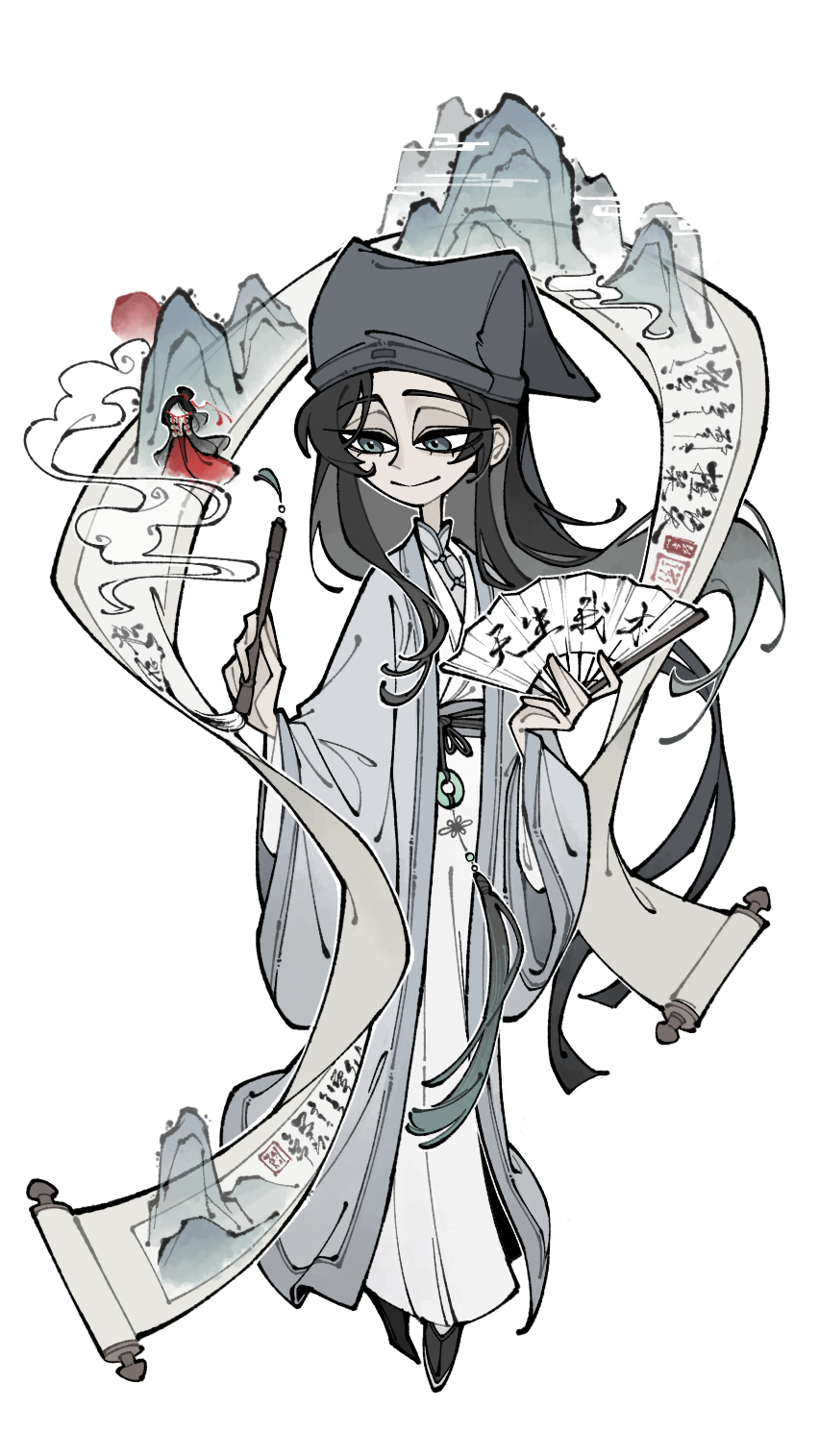 1boy, black_eyes, black_hair, black_hat, black_shoes, calligraphy_brush, chinese_clothes, chinese_commentary