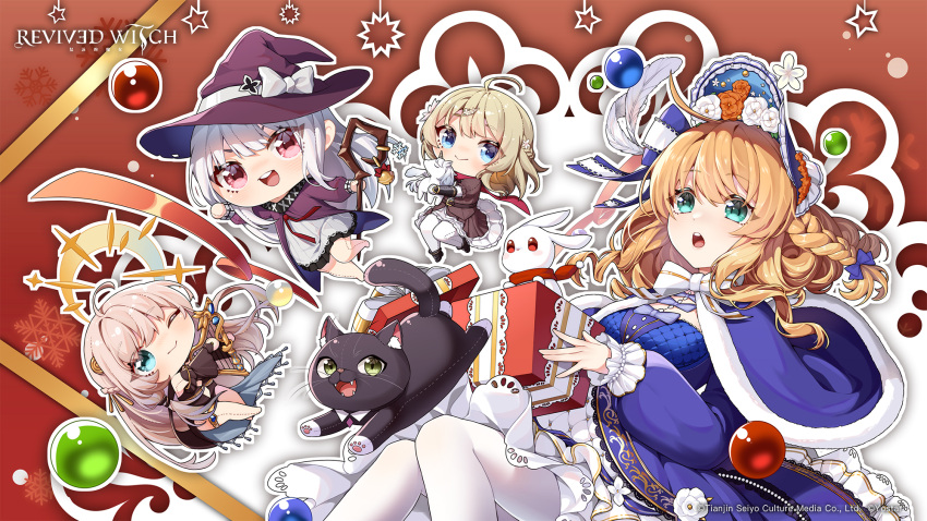 4girls, ahoge, aqua_eyes, black_cat, blonde_hair, blue_capelet, blue_dress, blue_eyes