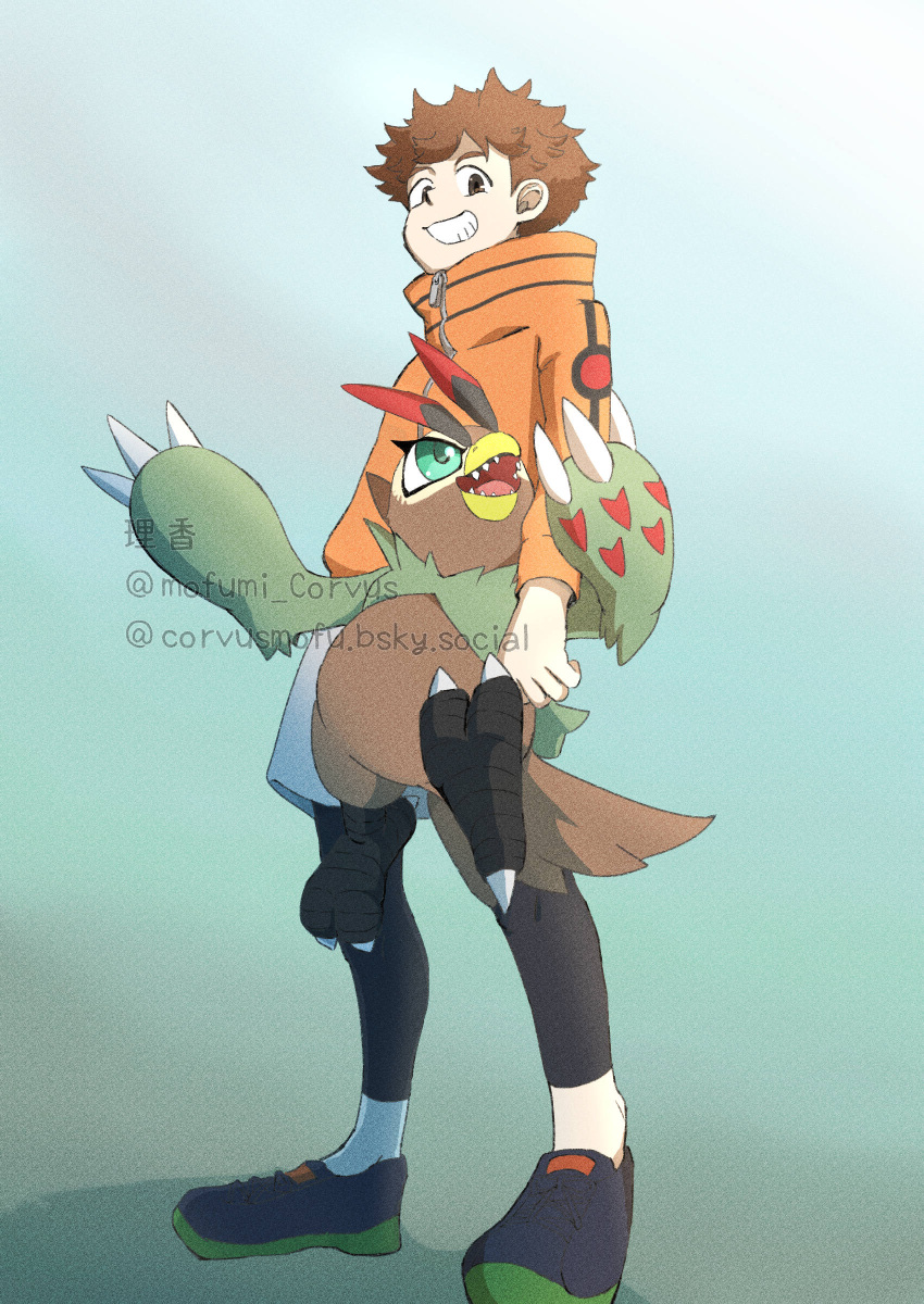 1boy, absurdres, beak, bird, brown_feathers, brown_hair, digimon, digimon_(creature)