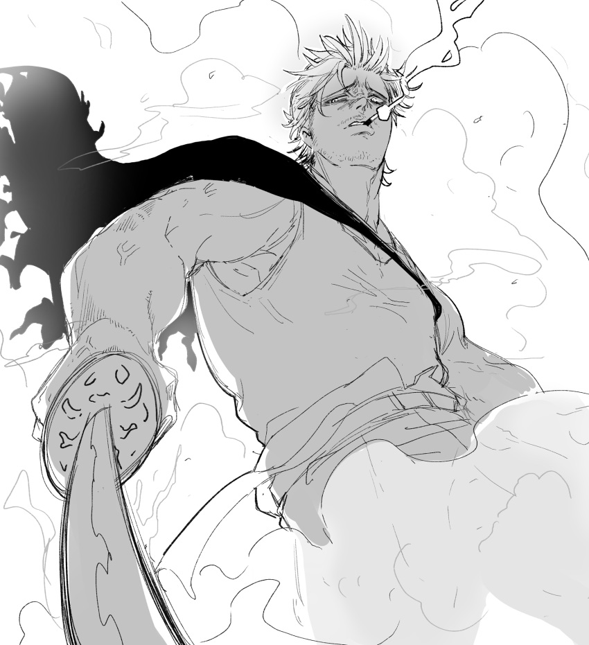 1boy, angry, black_clover, facial_hair, fighting_stance, foreshortening, from_below, greyscale