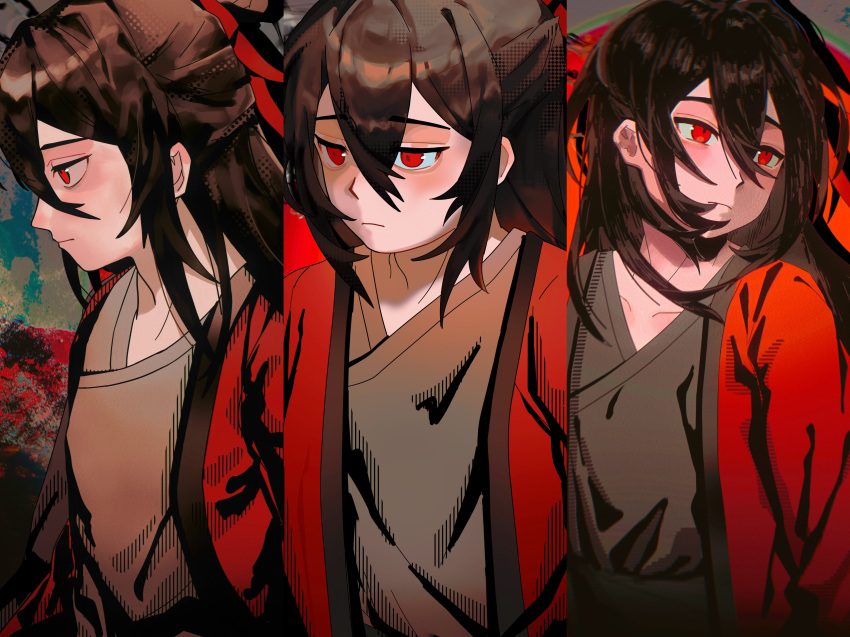 1boy, absurdres, benkebuhui, black_hair, black_hanfu, blush, brown_hair, chinese_clothes
