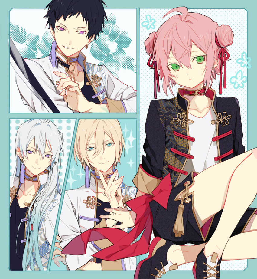 4boys, ahoge, black_hair, black_shoes, blonde_hair, blue_eyes, blue_hair, bow