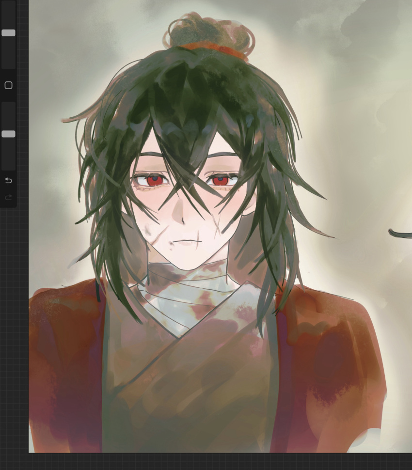 1boy, art_program_in_frame, bandaged_neck, bandages, benkebuhui, black_hair, black_hanfu, blood
