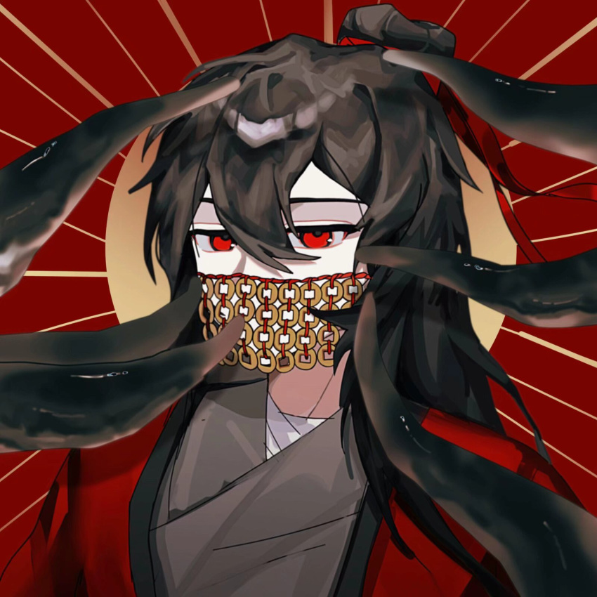 1boy, bandaged_neck, bandages, benkebuhui, black_hair, black_hanfu, chinese_clothes, coat