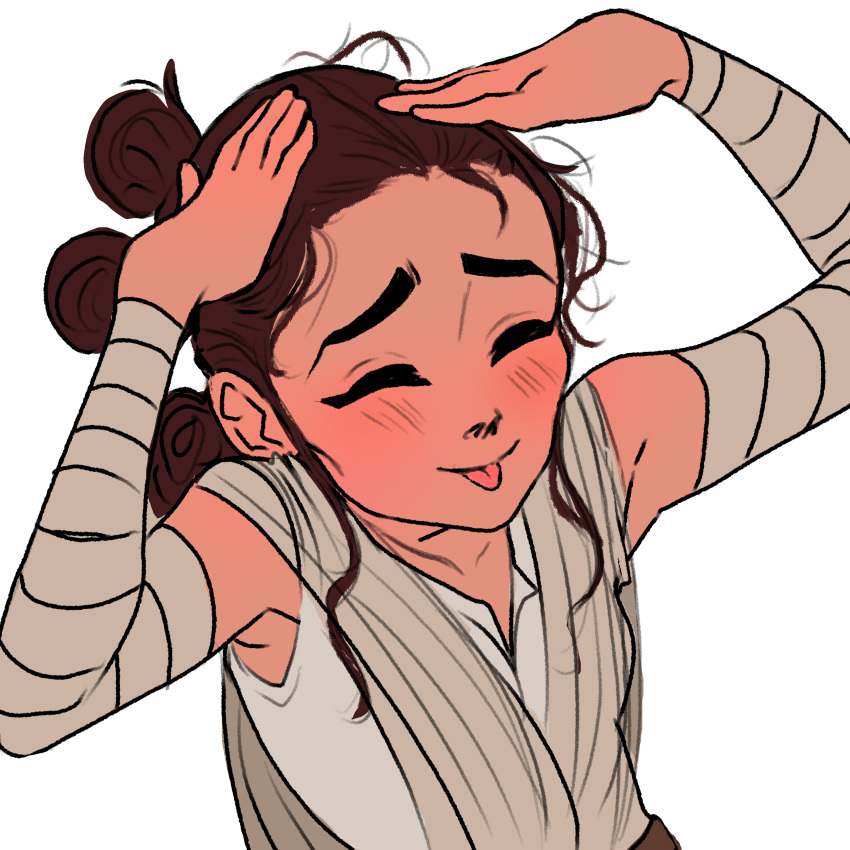 1girl, absurdres, arm_wrap, brown_hair, closed_eyes, hand_on_own_head, highres, rey_(star_wars), shirt, simple_background, sleeveless, sleeveless_shirt, solo, star_wars, star_wars:_the_force_awakens, theriseofswolo, tongue, tongue_out, upper_body, white_background, white_shirt