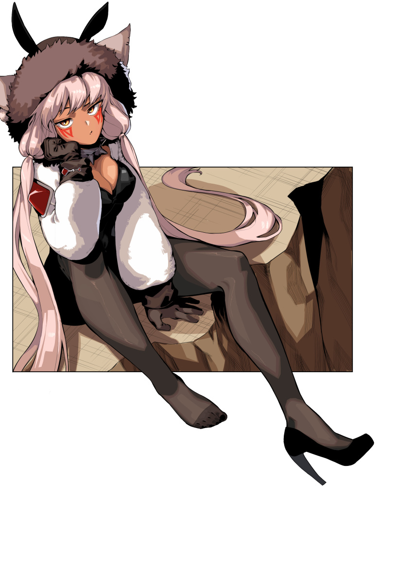 1girl, absurdres, animal_ear_fluff, animal_ears, breasts, covered_navel, dark-skinned_female, dark_skin