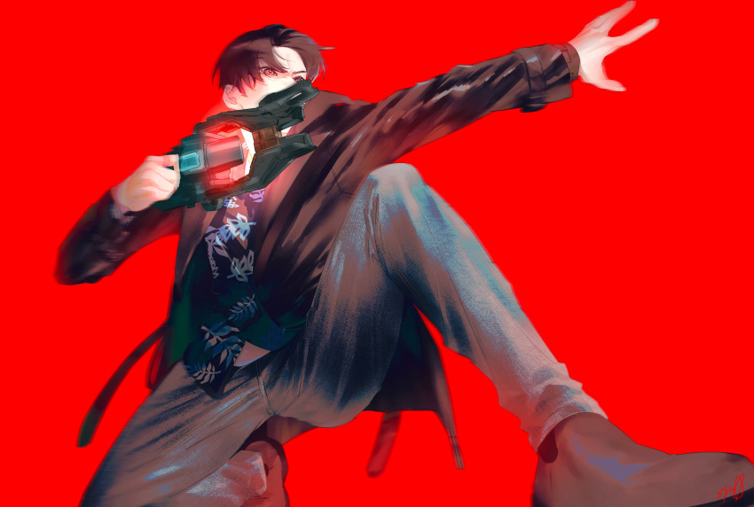 1boy, absurdres, brown_hair, denim, gun, hawaiian_shirt, highres, holding