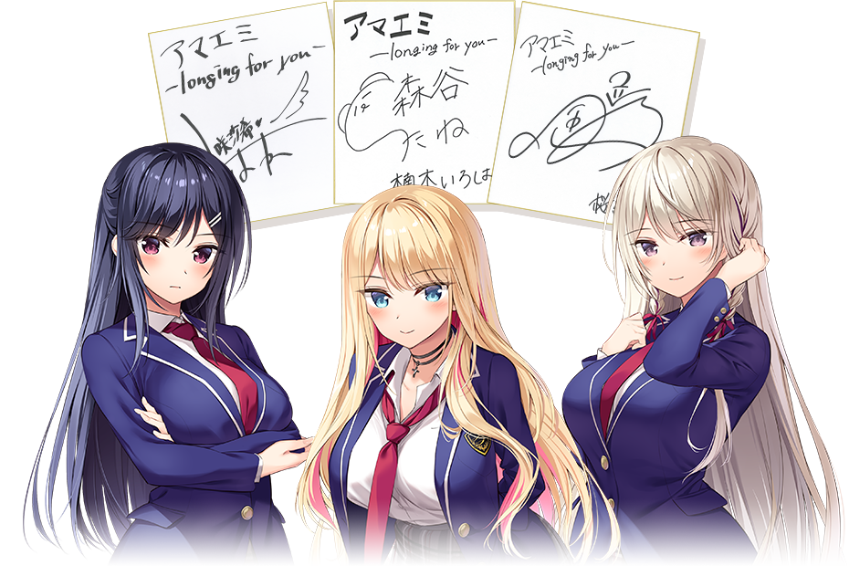 3girls, akebi_saki, amaemi-longing_for_you-, blonde_hair, blue_hair, blush, braid, breasts