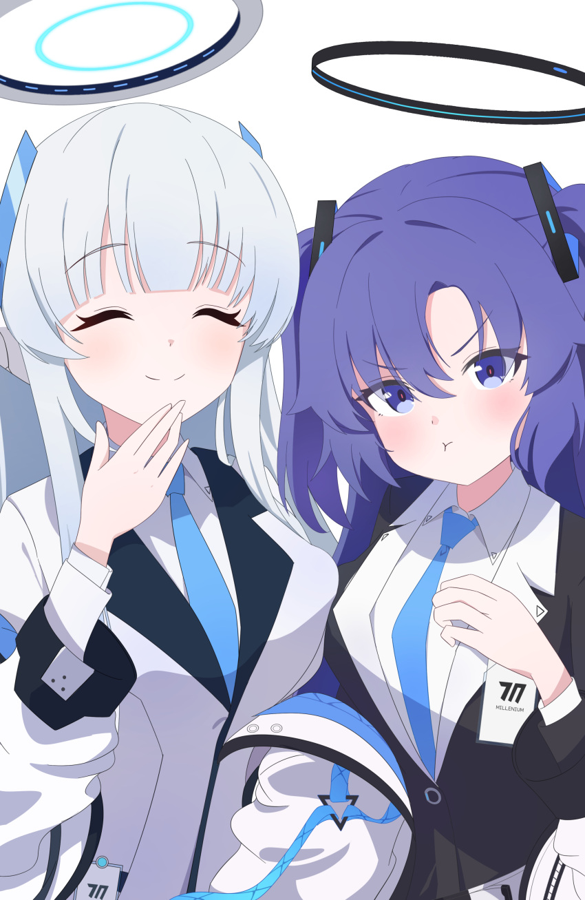 2girls, :t, absurdres, black_halo, black_jacket, blue_archive, blue_necktie, closed_eyes