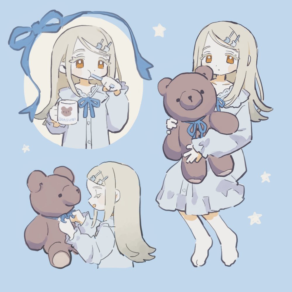 1girl, barefoot, blonde_hair, blue_background, blue_ribbon, blush, brushing_teeth, colored_eyelashes, commentary, cup, dress, flipped_hair, gakuen_idolmaster, holding, holding_cup, holding_toothbrush, hugging_doll, hugging_object, idolmaster, long_hair, long_sleeves, mill_gyu, mug, multiple_views, neck_ribbon, orange_eyes, ribbon, shinosawa_hiro, sleepwear, smile, star_(symbol), stuffed_animal, stuffed_toy, swept_bangs, symbol-only_commentary, teddy_bear, toothbrush, very_long_hair, white_dress